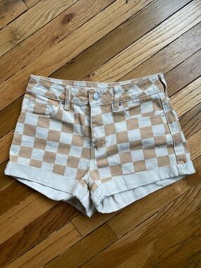 PacSun Beige & Cream Checkered Denim Shorts